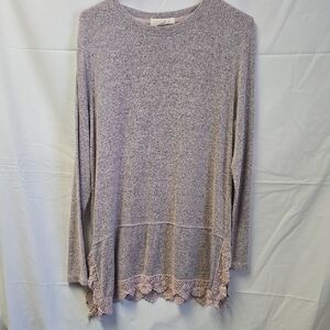 Women's Soft Gray Lace Trim Long Sleeve Top